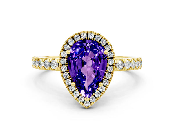 Yellow gold Pear Cut Tanzanite Classic Halo Engagement Ring with Round Pavé Band and Prong Setting