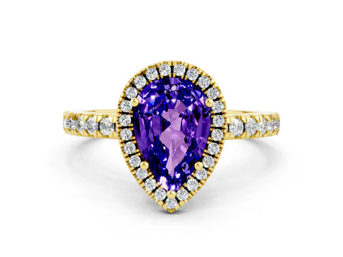 Yellow gold Pear Cut Halo Diamond Pave Band with Prong Setting