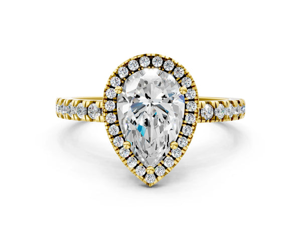 Yellow gold Pear Cut Halo Diamond Pave Band with Prong Setting