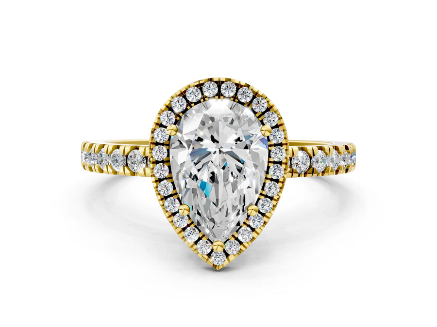 Yellow gold Pear Cut Halo Diamond Pave Band with Prong Setting