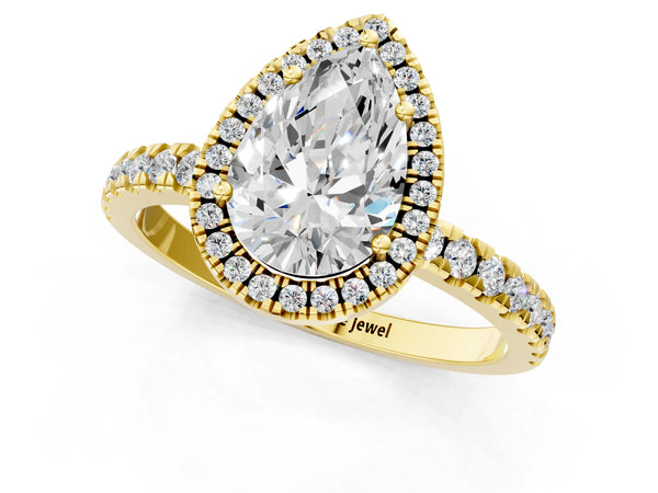 Yellow gold Pear Cut Halo Diamond Pave Band with Prong Setting