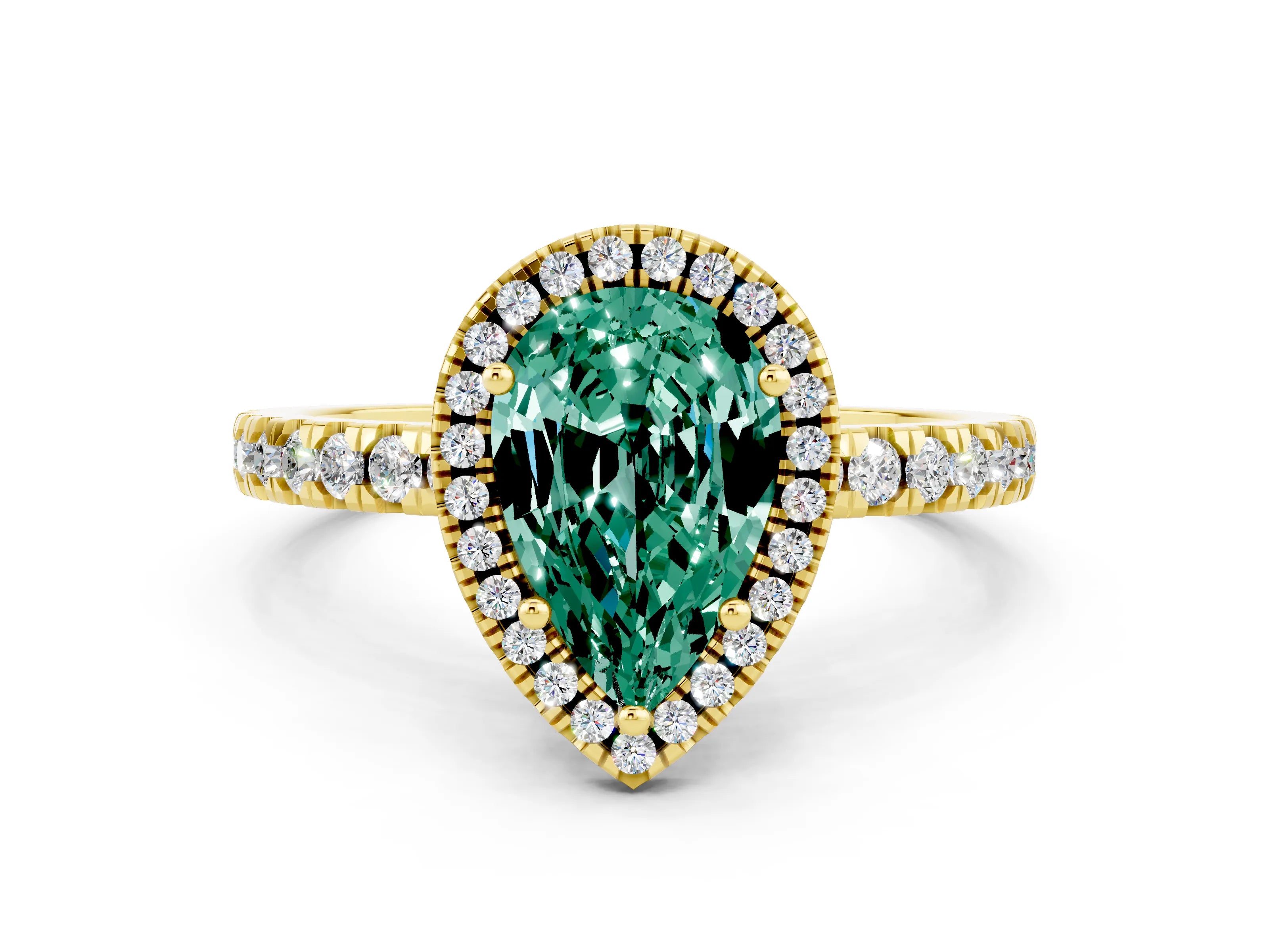 Yellow gold Pear Cut Halo Diamond Pave Band with Prong Setting