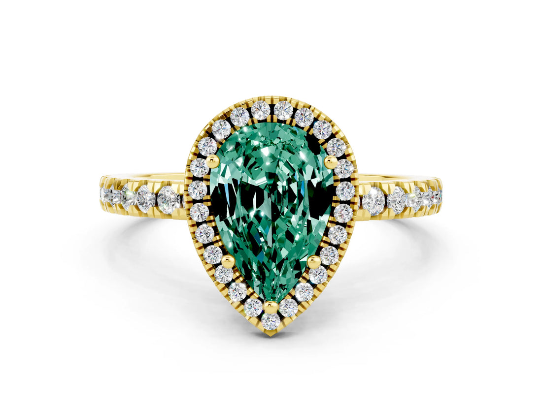 Yellow gold Pear Cut Halo Diamond Pave Band with Prong Setting