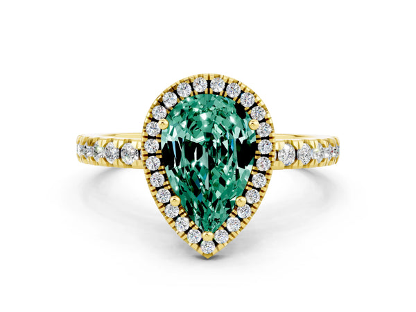 Yellow gold Pear Cut Green Sapphire Classic Halo Engagement Ring with Round Pavé Band and Prong Setting