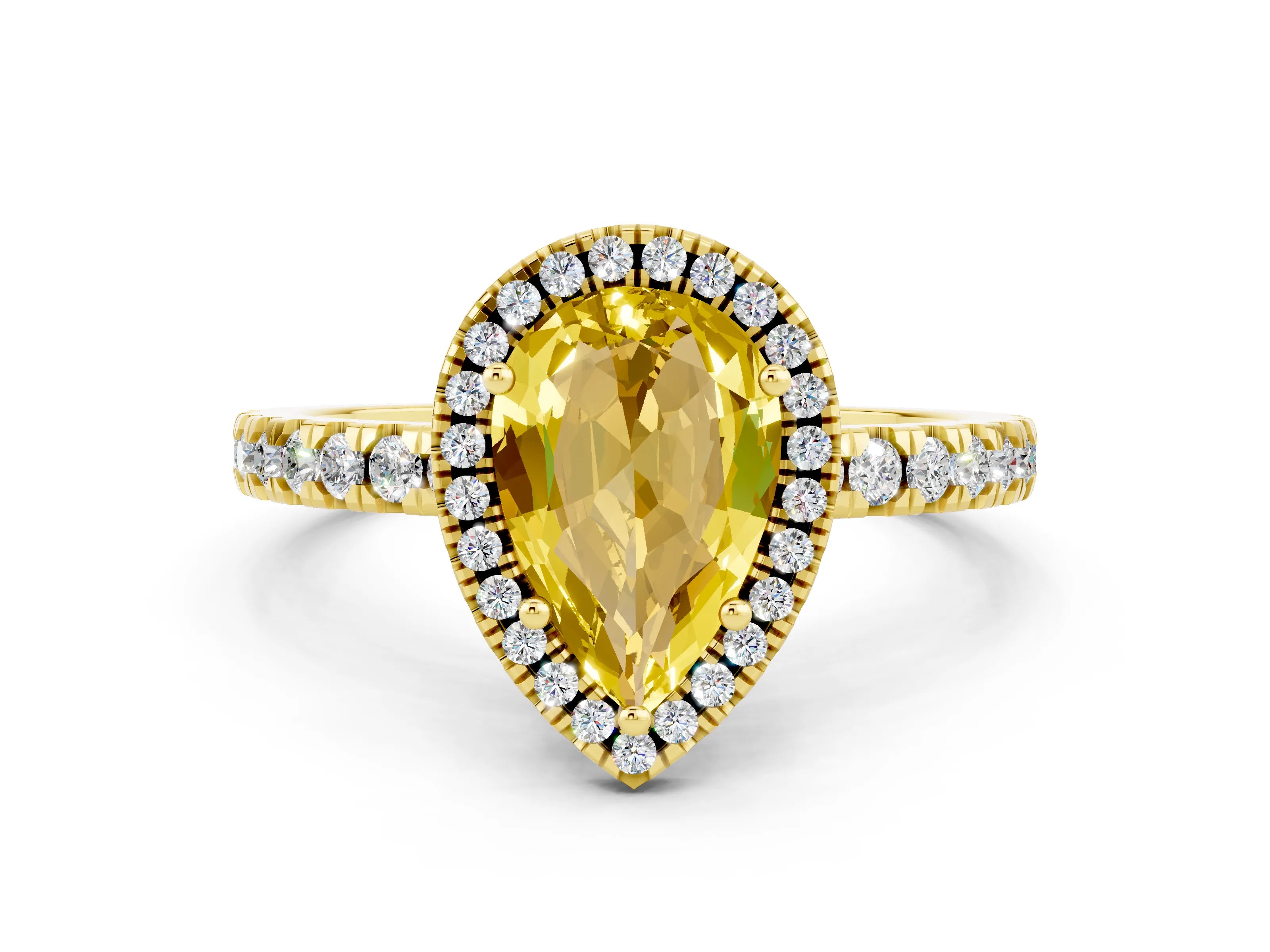 Yellow gold Pear Cut Halo Diamond Pave Band with Prong Setting
