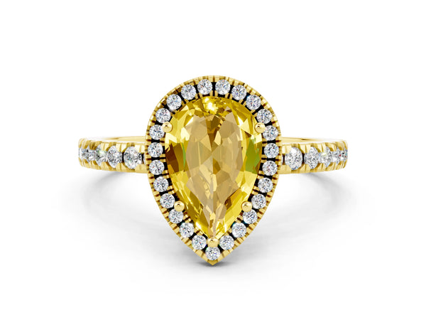 Yellow gold Pear Cut Yellow Sapphire Classic Halo Engagement Ring with Round Pavé Band and Prong Setting