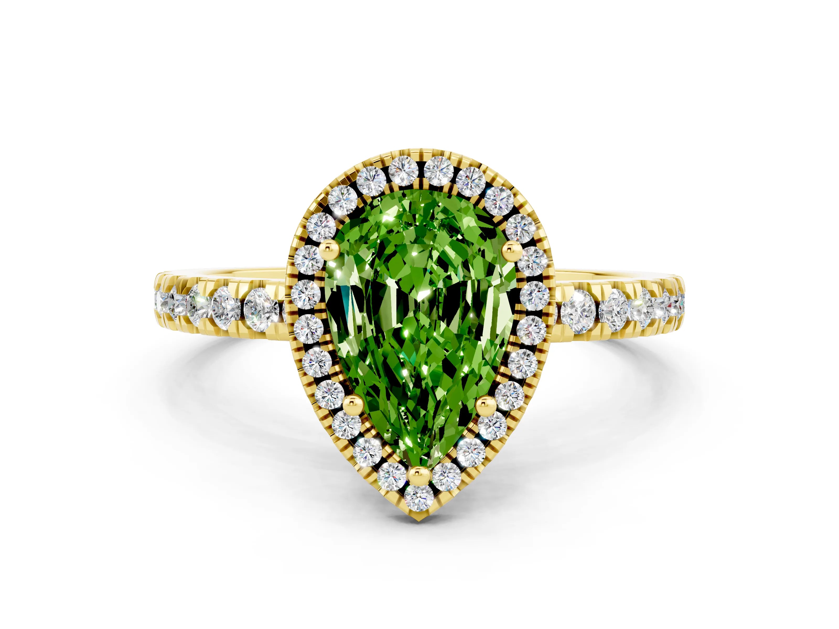 Yellow gold Pear Cut Halo Diamond Pave Band with Prong Setting