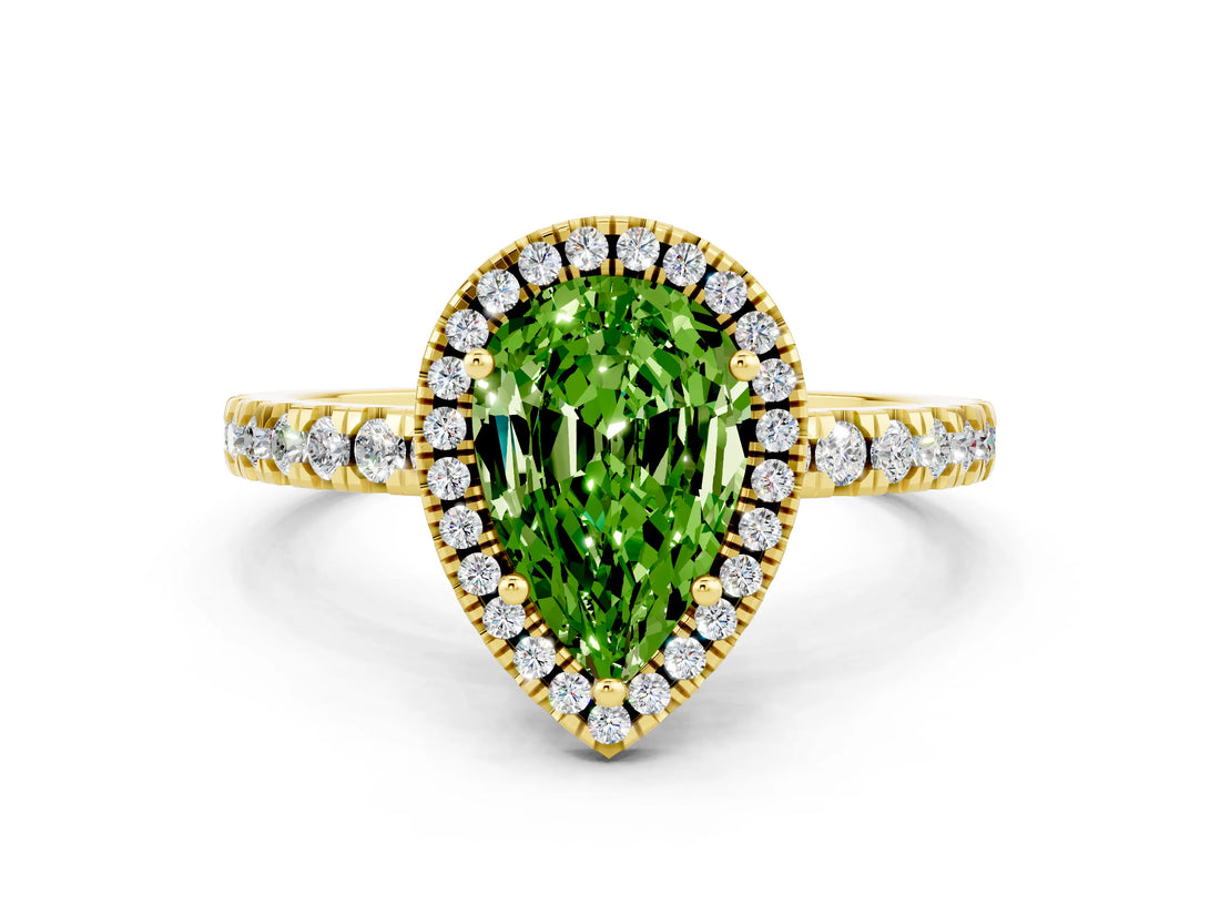 Yellow gold Pear Cut Halo Diamond Pave Band with Prong Setting