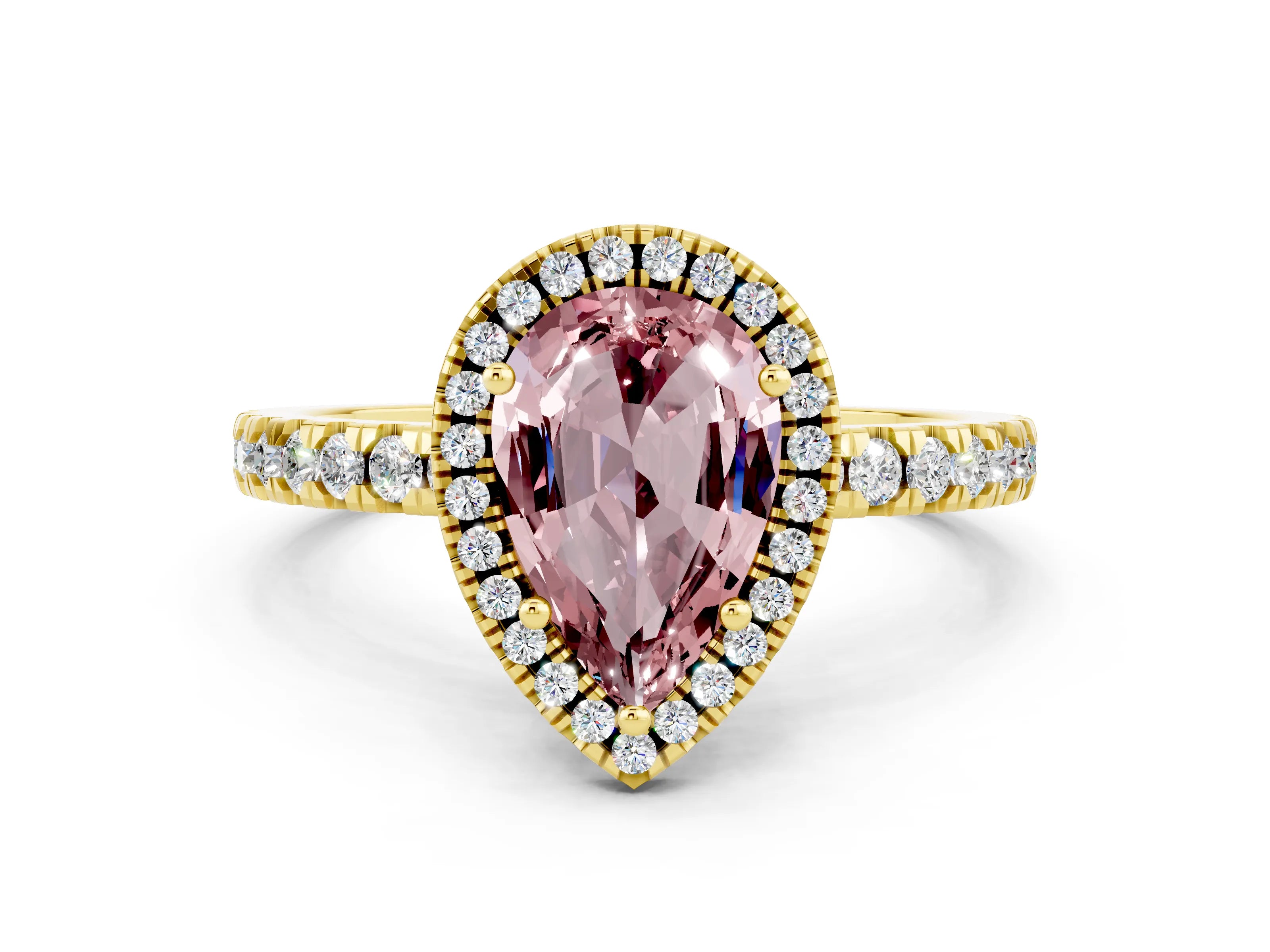 Yellow gold Pear Cut Halo Diamond Pave Band with Prong Setting