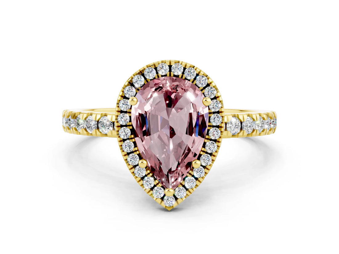Yellow gold Pear Cut Halo Diamond Pave Band with Prong Setting