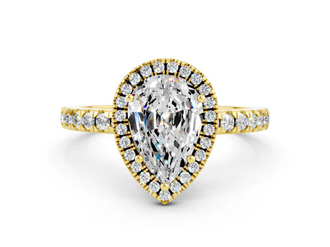 Yellow gold Pear Cut Halo Diamond Pave Band with Prong Setting