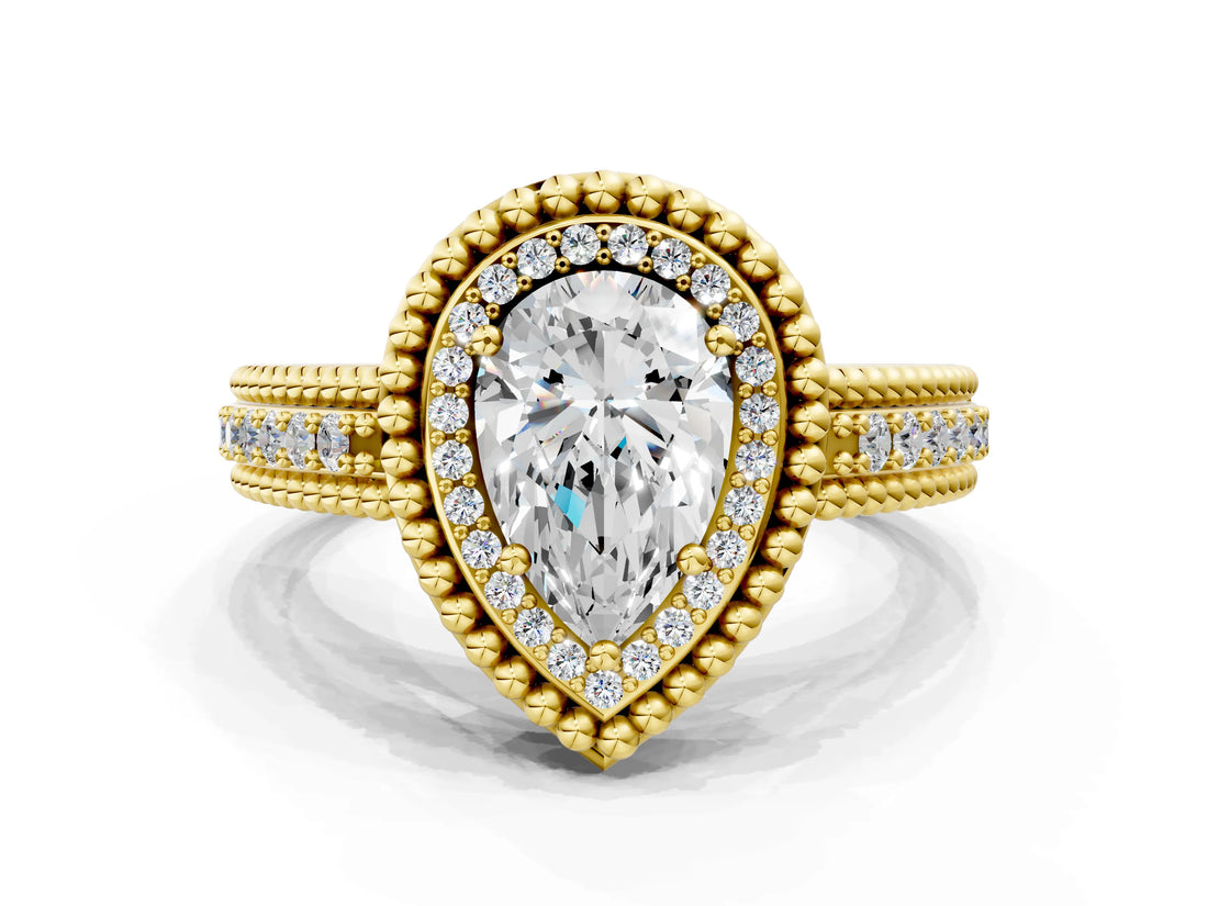 Yellow gold Pear Cut Halo Diamond Ring with Beaded Split Shank and Four-Prong Setting_9