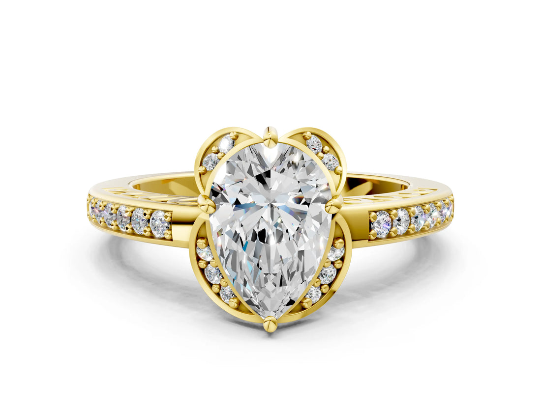 Yellow gold Pear Cut Halo Diamond Ring with Channel Set Band and Four-Prong Setting_32