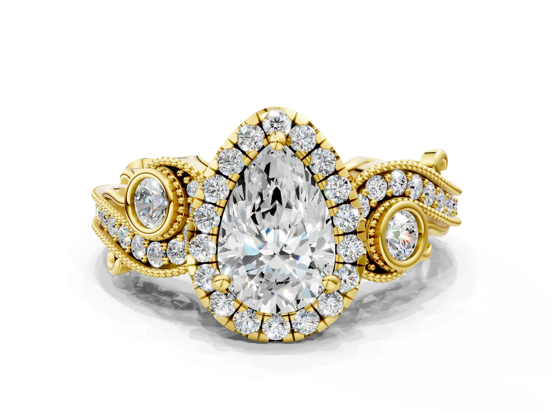 Yellow gold Pear Cut Halo Diamond Ring with Milgrain and Bezel Accents on a Split Shank Band_15