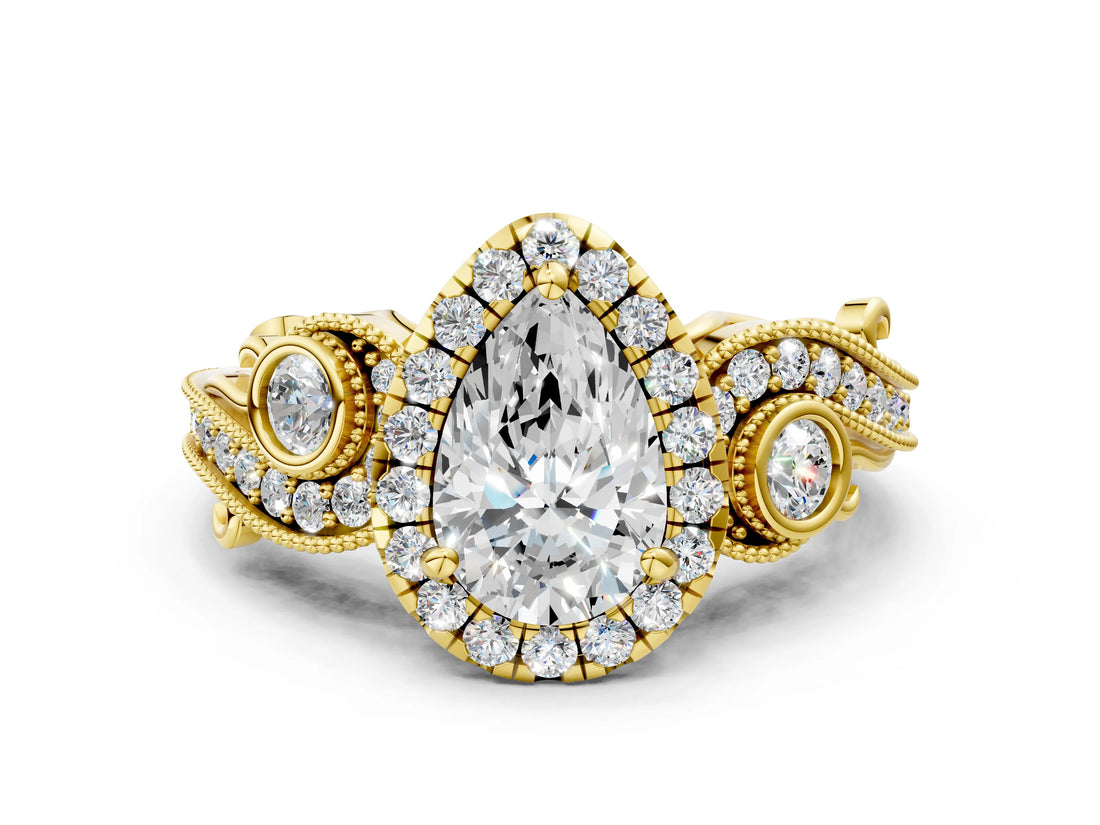 Yellow gold Pear Cut Halo Diamond Ring with Milgrain and Bezel Accents on a Split Shank Band_16