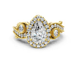 Yellow gold Pear Cut Halo Diamond Ring with Milgrain and Bezel Accents on a Split Shank Band_16