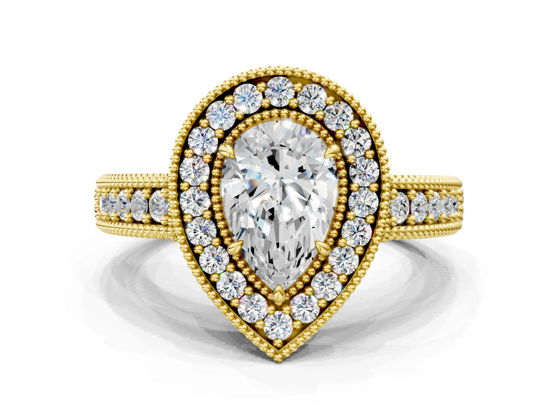 Yellow gold Pear Cut Halo Diamond Ring with Pavé Band and Four-Prong Setting_81