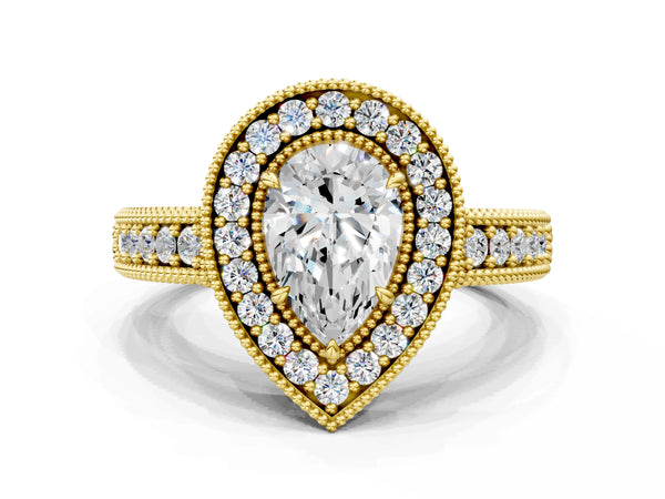 Yellow Gold Pear-Shaped Vintage Milgrain Halo Engagement Ring Setting with Pave Band and Engraving