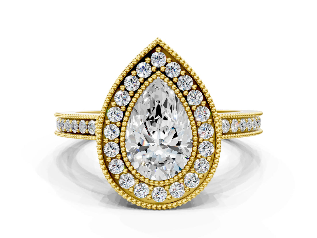 Yellow gold Pear Cut Halo Diamond Ring with Pavé Band and Milgrain Prong Setting_33