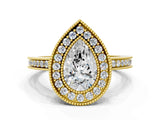 Yellow gold Pear Cut Halo Diamond Ring with Pavé Band and Milgrain Prong Setting_33