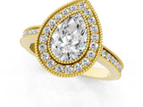 Yellow gold Pear Cut Halo Diamond Ring with Pavé Band and Milgrain Prong Setting_34