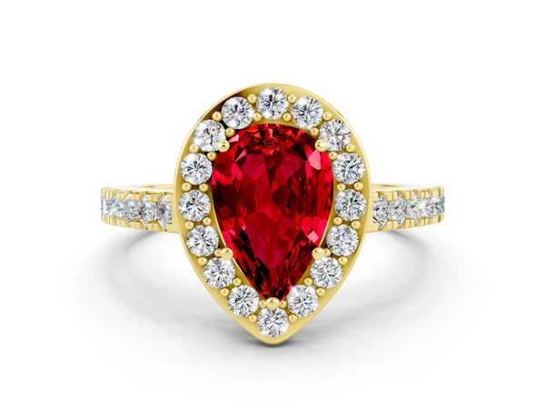 Yellow gold Pear Cut Ruby Halo Ring with Round Pavé Split Shank and Prong Setting