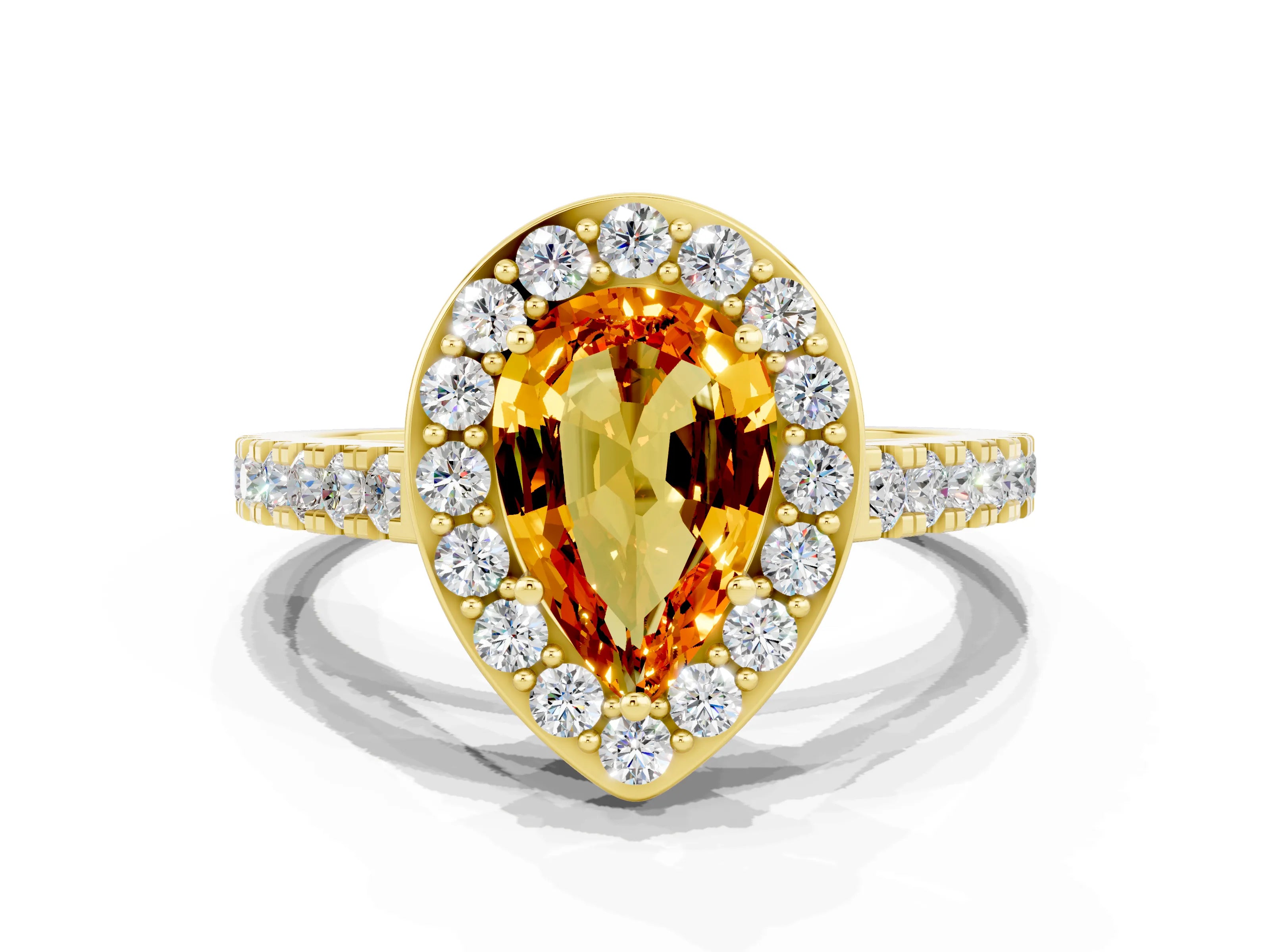 Yellow gold Pear Cut Halo Diamond Ring with Pavé Band and Three-Prong Setting