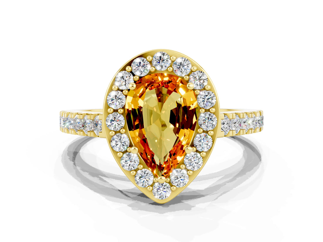 Yellow gold Pear Cut Halo Diamond Ring with Pavé Band and Three-Prong Setting