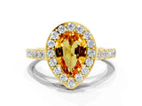 Yellow gold Pear Cut Halo Diamond Ring with Pavé Band and Three-Prong Setting
