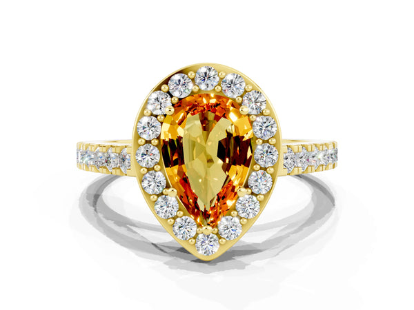 Yellow gold Pear Cut Citrine Halo Ring with Round Pavé Split Shank and Prong Setting