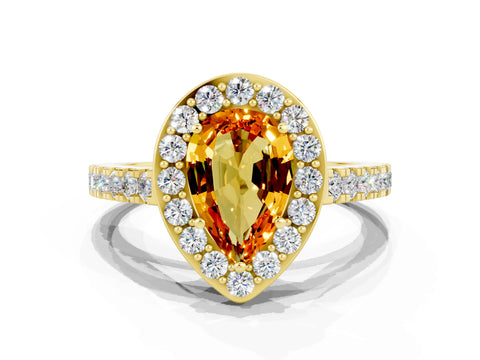 Yellow gold Pear Cut Halo Diamond Ring with Pavé Band and Three-Prong Setting