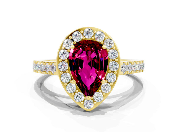 Yellow gold Pear Cut Garnet Halo Ring with Round Pavé Split Shank and Prong Setting