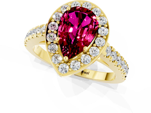 Yellow gold Pear Cut Garnet Halo Ring with Round Pavé Split Shank and Prong Setting