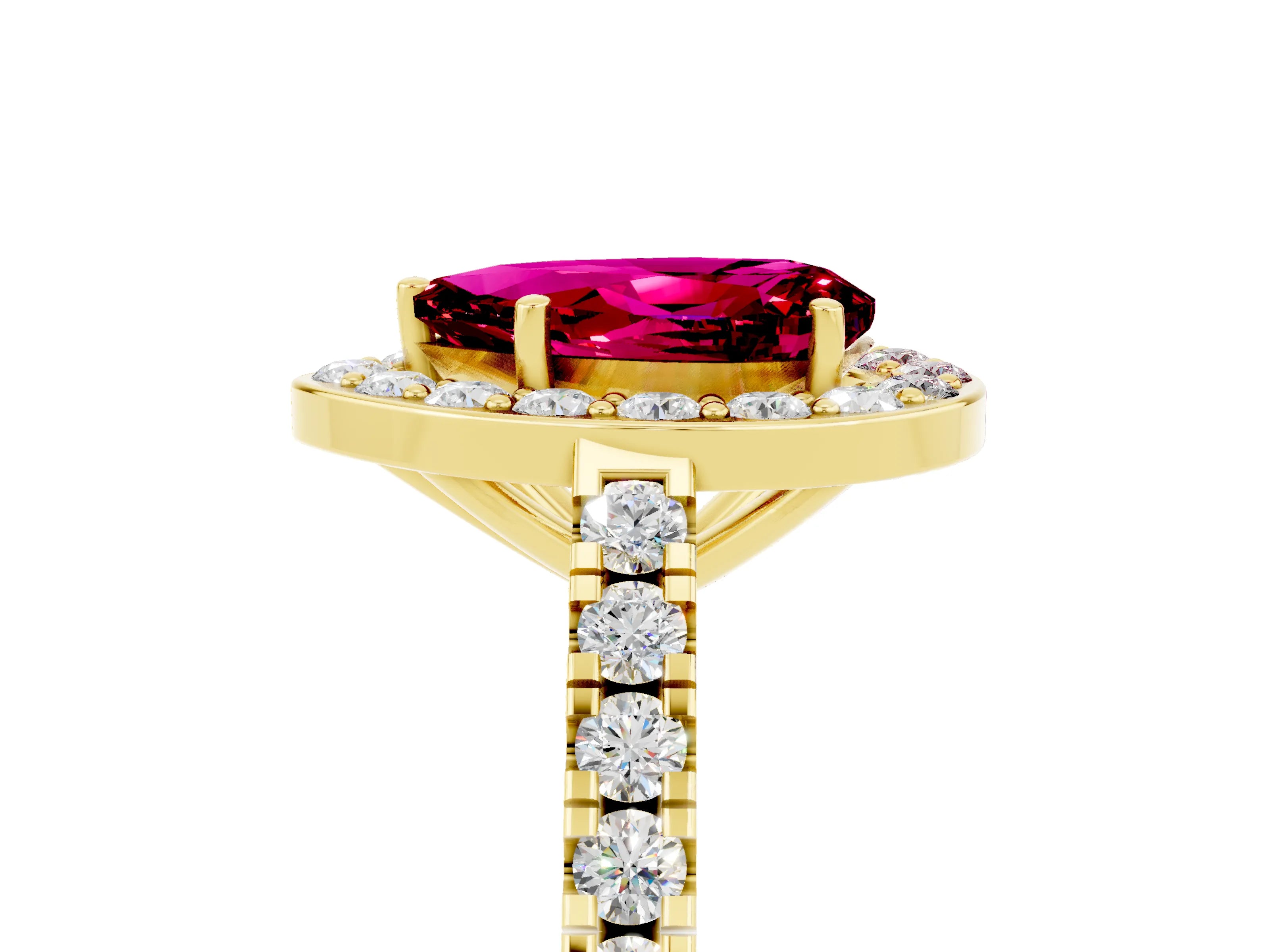 Yellow gold Pear Cut Halo Diamond Ring with Pavé Band and Three-Prong Setting_16