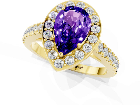 Yellow gold Pear Cut Halo Diamond Ring with Pavé Band and Three-Prong Setting_1