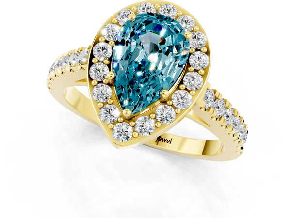 Yellow gold Pear Cut Halo Diamond Ring with Pavé Band and Three-Prong Setting