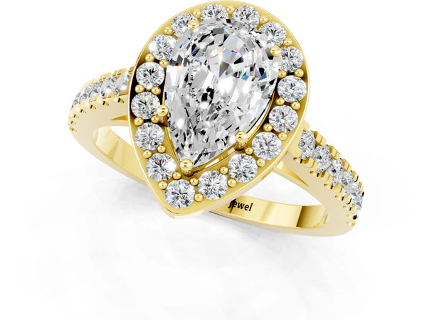Yellow gold Pear Cut Moissanite Halo Ring with Round Pavé Split Shank and Prong Setting