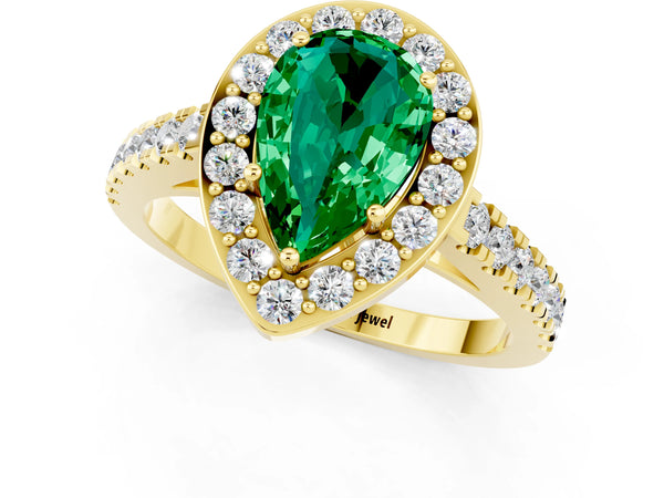 Yellow gold Pear Cut Emerald Halo Ring with Round Pavé Split Shank and Prong Setting