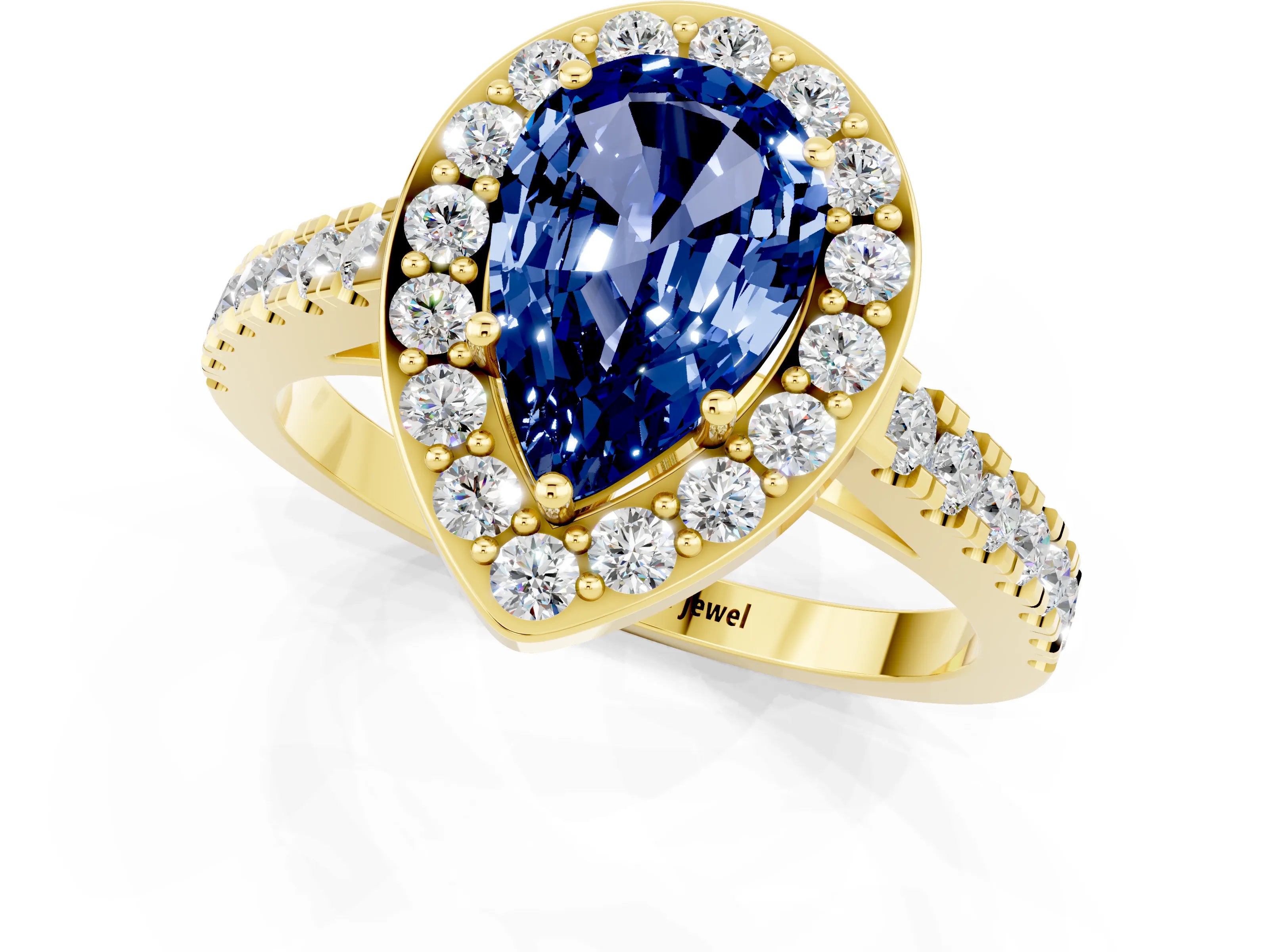 Yellow gold Pear Cut Halo Diamond Ring with Pavé Band and Three-Prong Setting_1