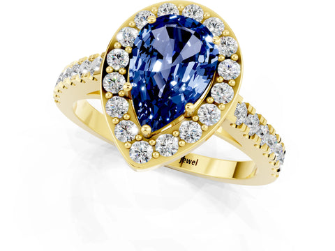 Yellow gold Pear Cut Halo Diamond Ring with Pavé Band and Three-Prong Setting_1