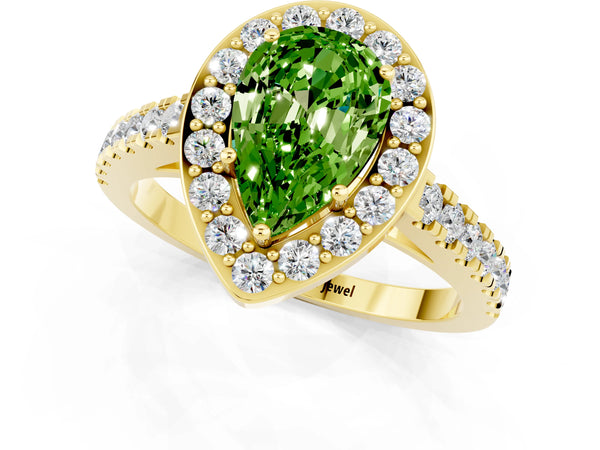 Yellow gold Pear Cut Halo Diamond Ring with Pavé Band and Three-Prong Setting