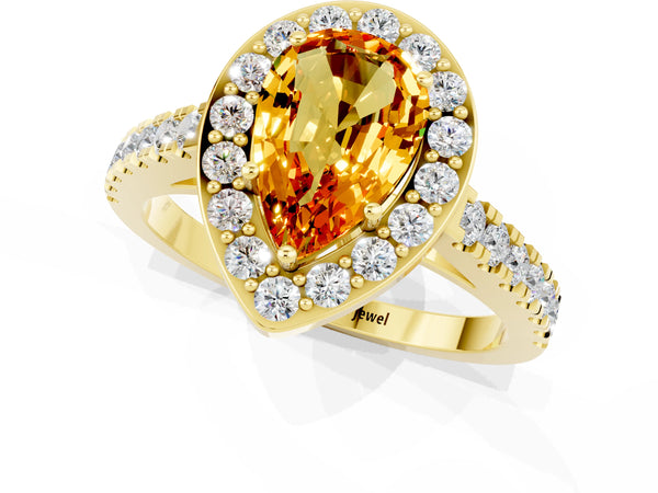 Yellow gold Pear Cut Citrine Halo Ring with Round Pavé Split Shank and Prong Setting