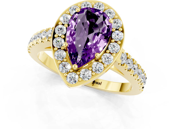 Yellow gold Pear Cut Amethyst Halo Ring with Round Pavé Split Shank and Prong Setting