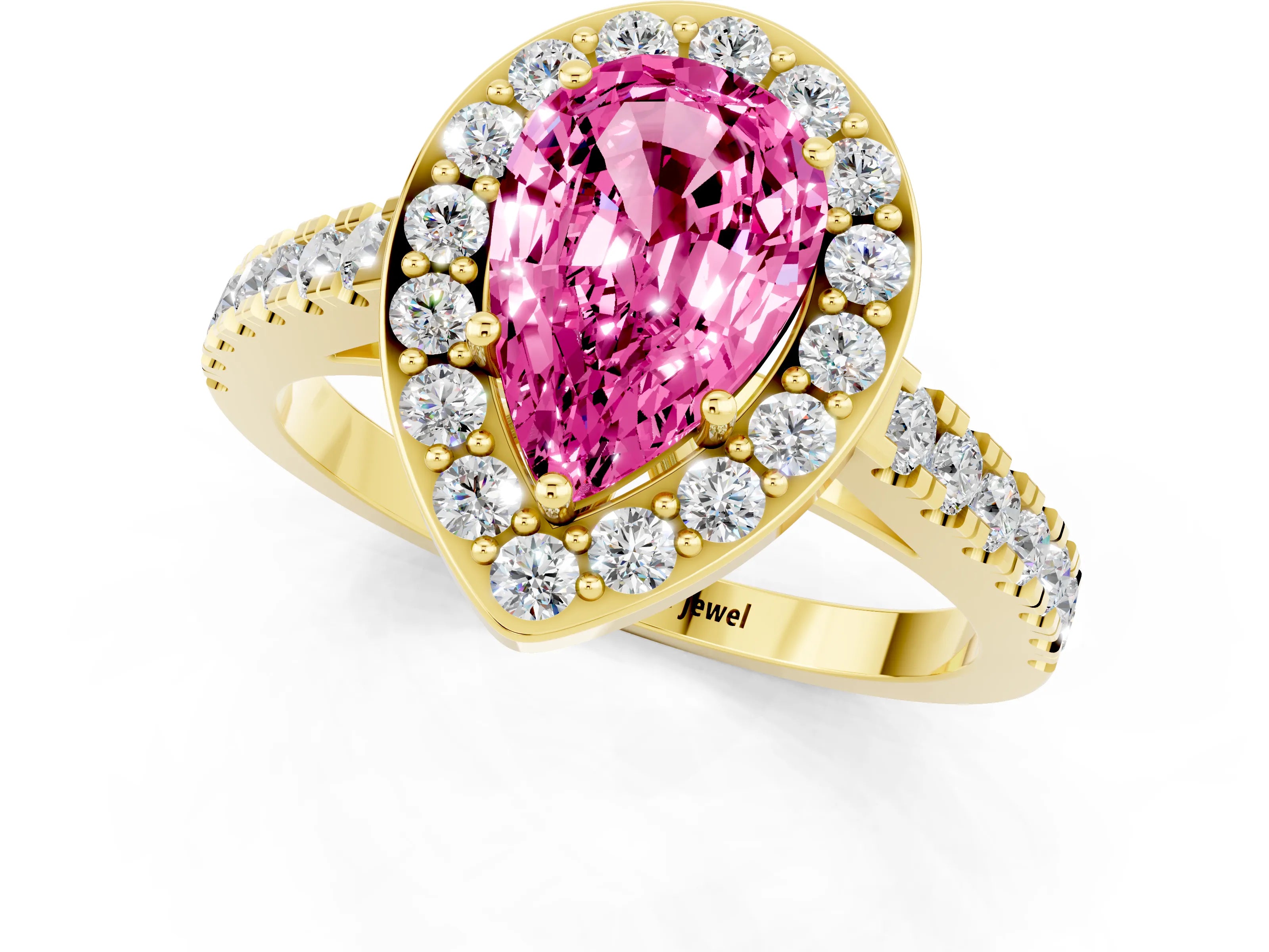 Yellow gold Pear Cut Halo Diamond Ring with Pavé Band and Three-Prong Setting_1