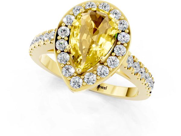 Yellow gold Pear Cut Yellow Sapphire Halo Ring with Round Pavé Split Shank and Prong Setting