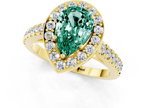 Yellow gold Pear Cut Green Sapphire Halo Ring with Round Pavé Split Shank and Prong Setting