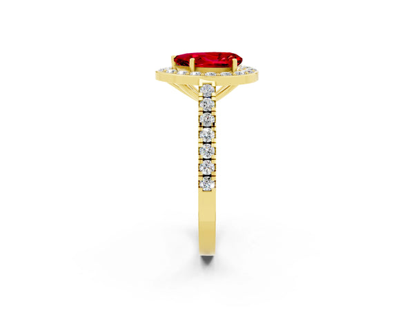 Yellow gold Pear Cut Ruby Halo Ring with Round Pavé Split Shank and Prong Setting