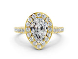 Yellow gold Pear Cut Halo Diamond Ring with Pavé Band and Three-Prong Setting