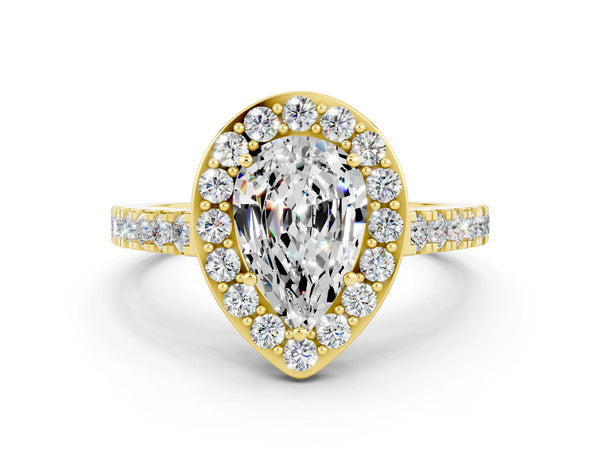 Yellow gold Pear Cut Moissanite Halo Ring with Round Pavé Split Shank and Prong Setting