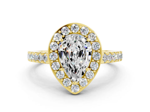 Yellow gold Pear Cut Halo Diamond Ring with Pavé Band and Three-Prong Setting